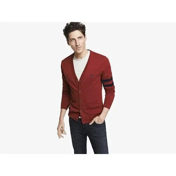 Express Mens L Cardigan Grandpa Sweater Academia Varsity Stripe Rugby Logo Red - Picture 1 of 9